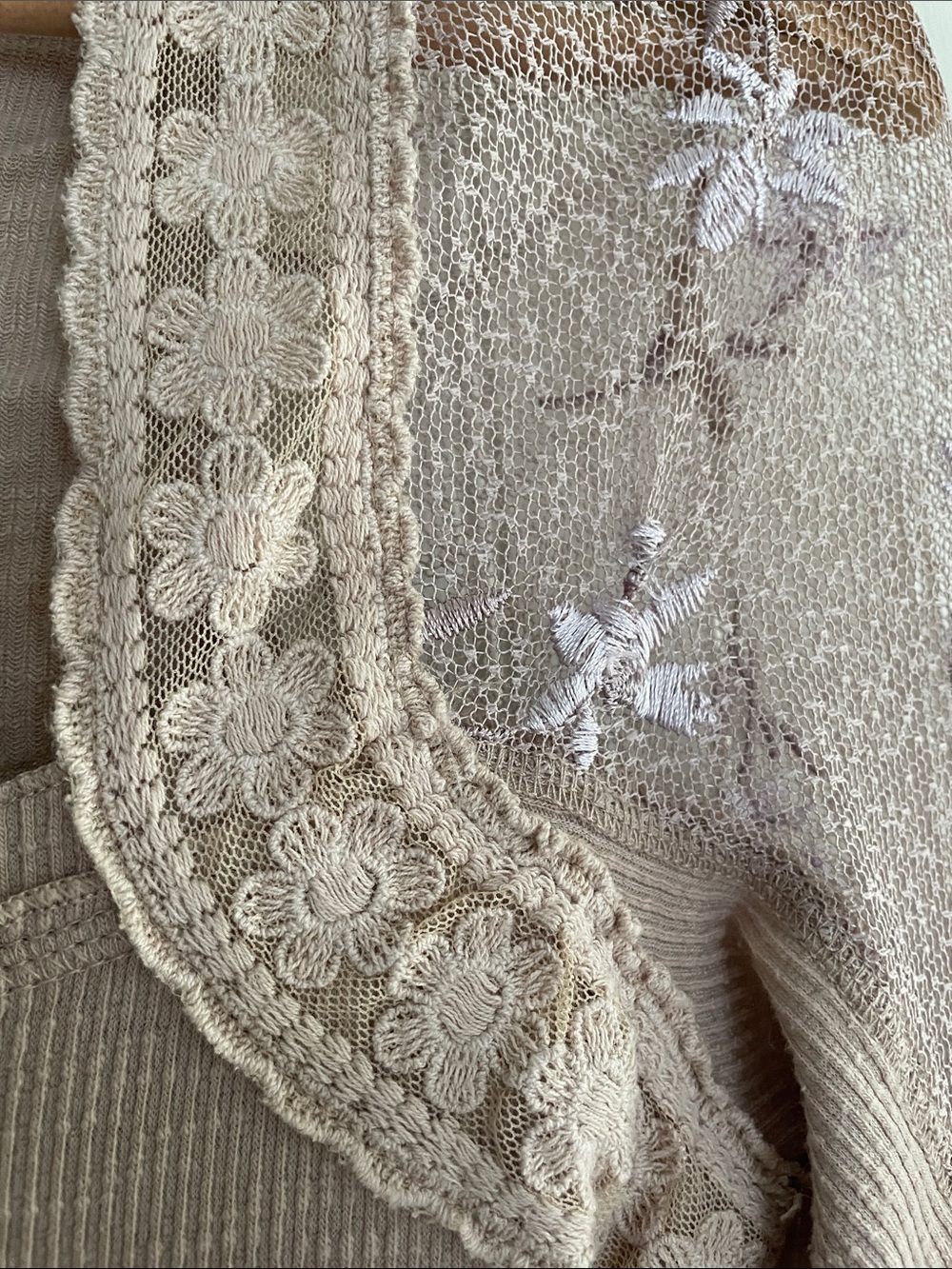 Free People Lace-Trim Embroidered Long Sleeve Scoop Top - Beige - Picture 2 of 7